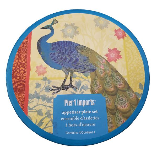 Pier 1 Imports Peacock Plates Appetizer Plates Glass Shimmer Foil Plates Set 4 - Picture 7 of 11